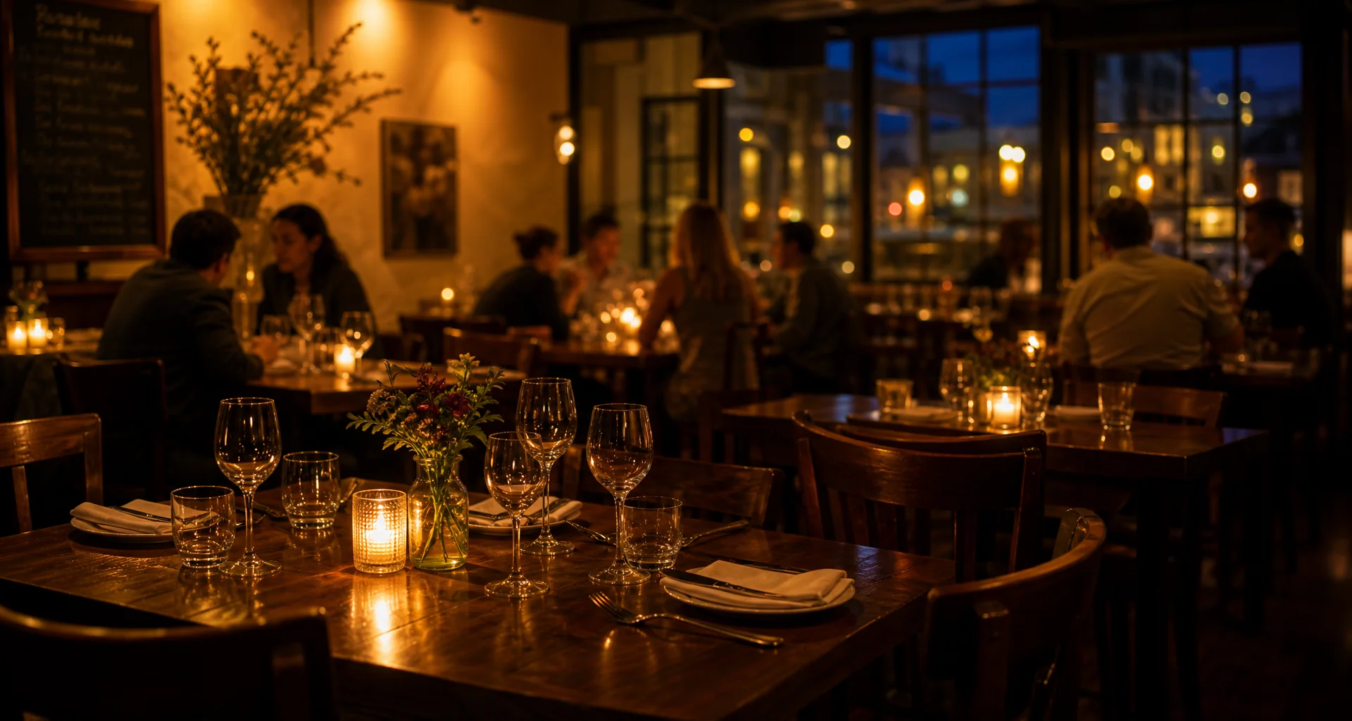 Warm candlelit dining room atmosphere at Mangia restaurant