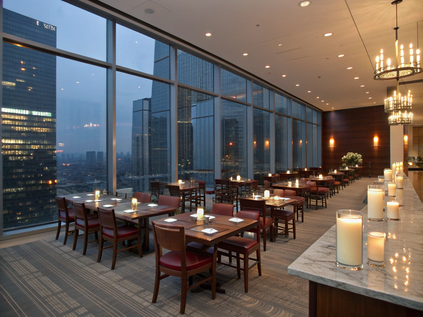 Candlelit dining room with warm linen tablecloths and soft evening lighting
