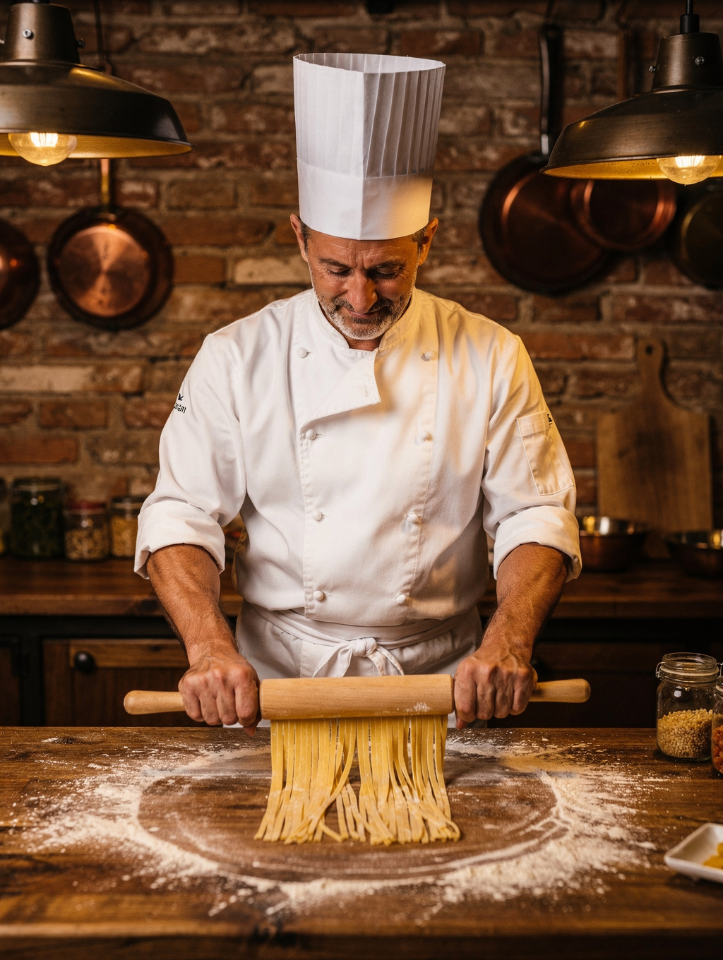 Executive Chef Marco Rossi plating fresh handmade pasta in the kitchen