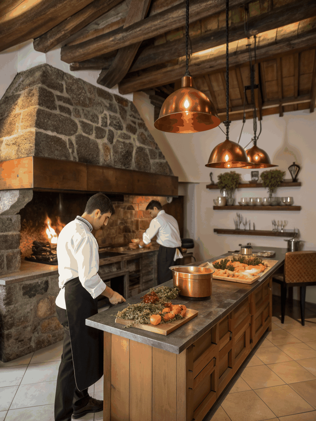 Chefs preparing fresh handmade pasta by the glowing open kitchen hearth
