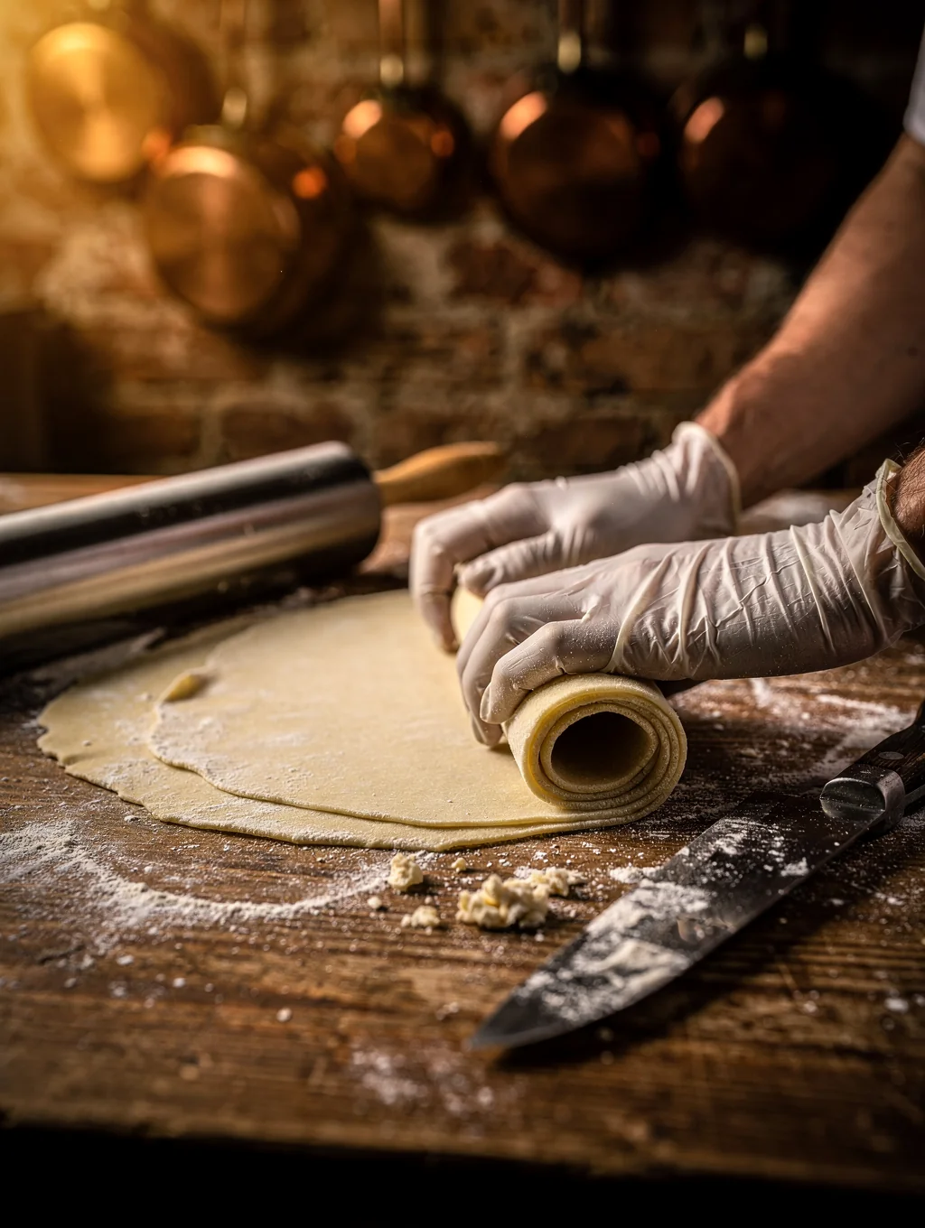Chef hand-rolling fresh pasta dough in a warm, candlelit kitchen