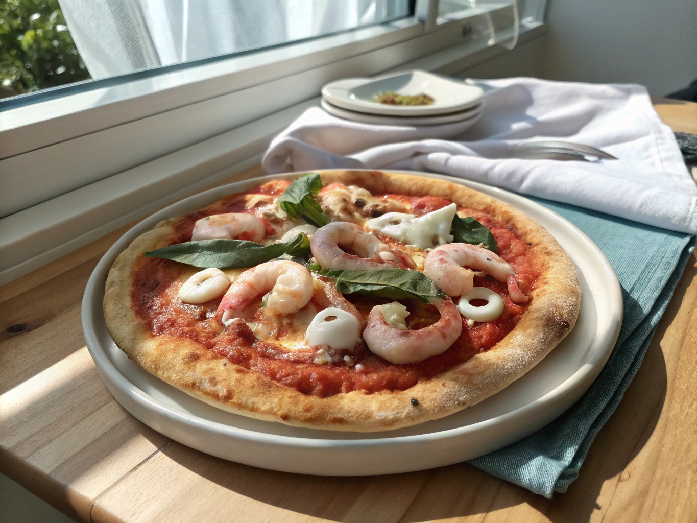 White base pizza with tiger prawns and lemon zest