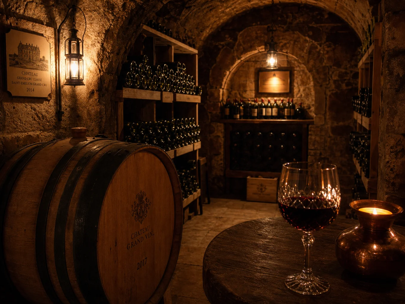Subterranean private wine cellar lined with vintage Italian reserve wine bottles