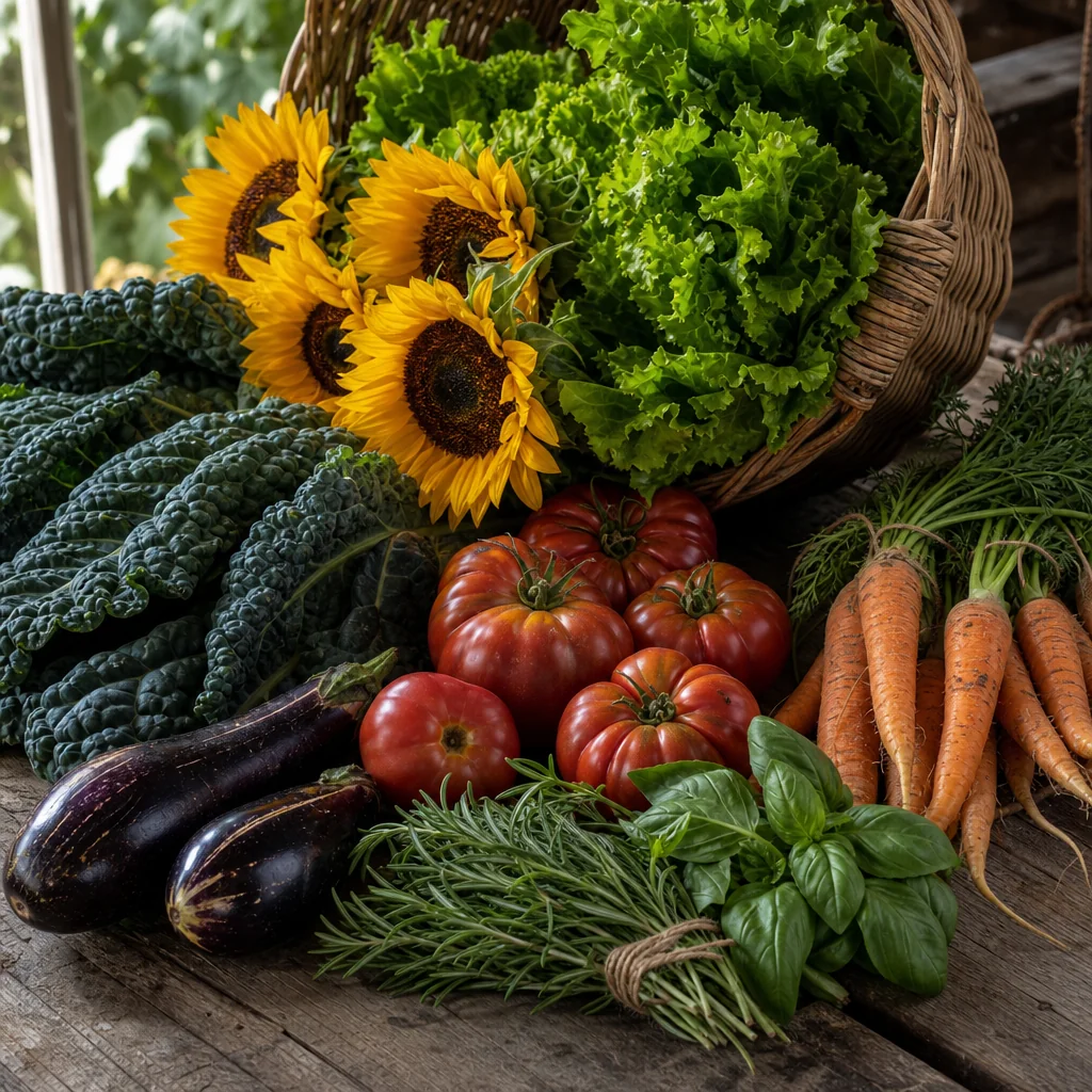 Fresh seasonal vegetables and herbs on a rustic wooden table