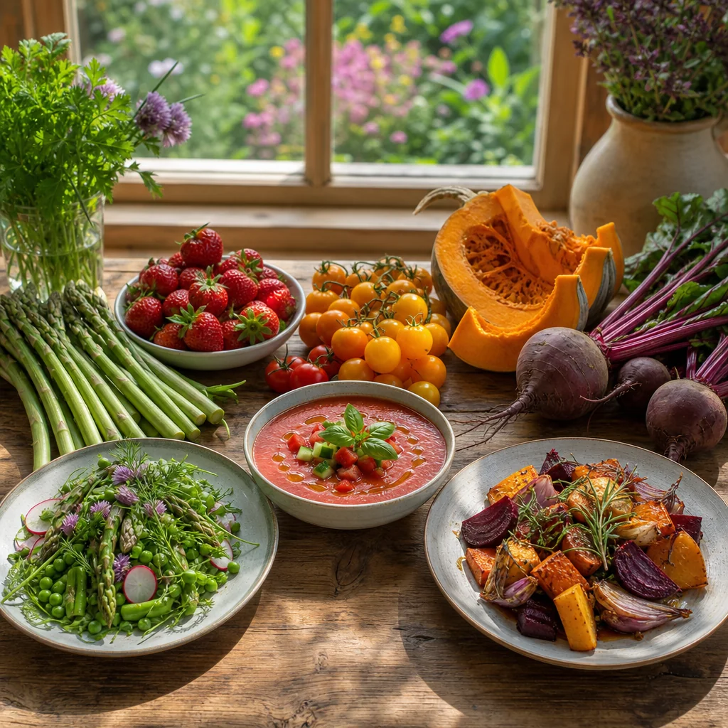 Fresh seasonal heirloom vegetables and herbs on a rustic wooden table