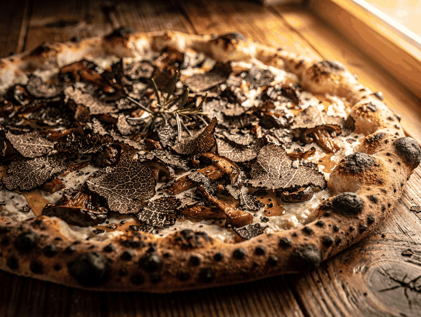 Artisanal black truffle pizza with wild mushrooms